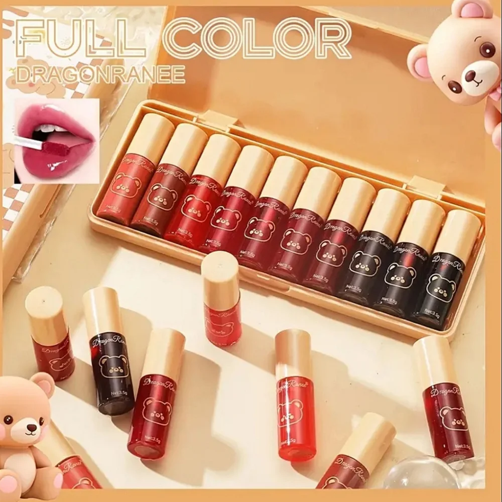 🆕️DRAGONRANEE MINI LIPGLOSS/LIP TINT SET OF 10 IN ADORABLE 🧸TEDDY🧸BOX *Y2K*